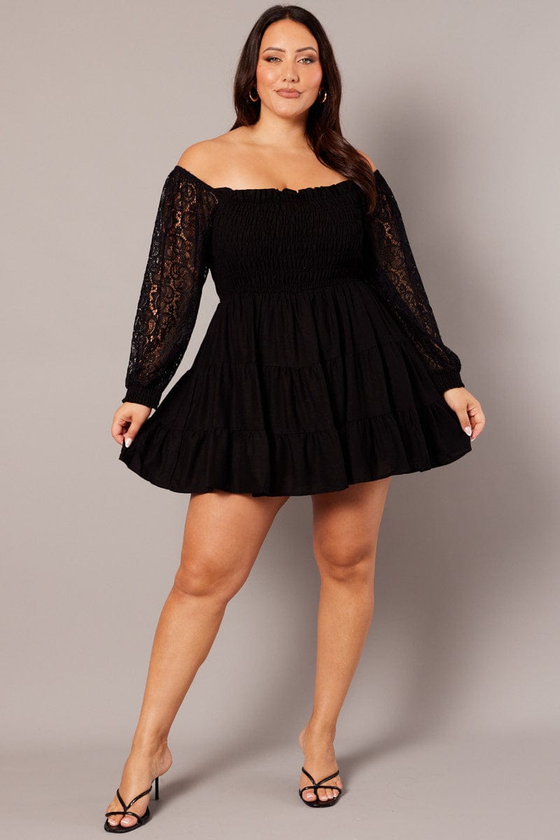 Black Lace Sleeve Shirred Mini Dress for YouandAll Fashion