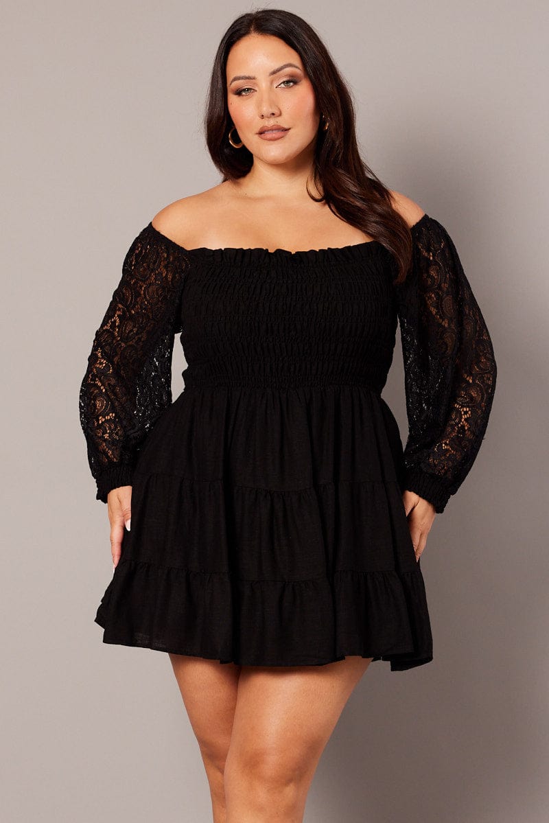 Black Lace Sleeve Shirred Mini Dress for YouandAll Fashion