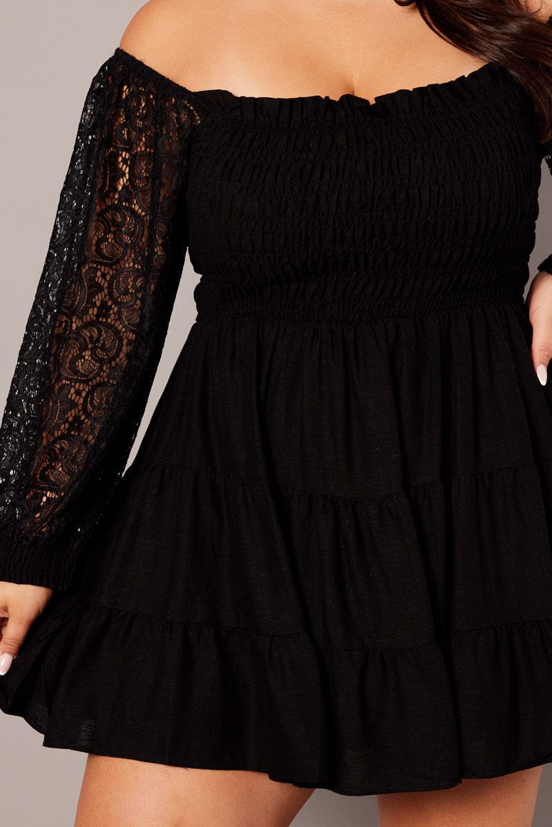 Black Lace Sleeve Shirred Mini Dress for YouandAll Fashion