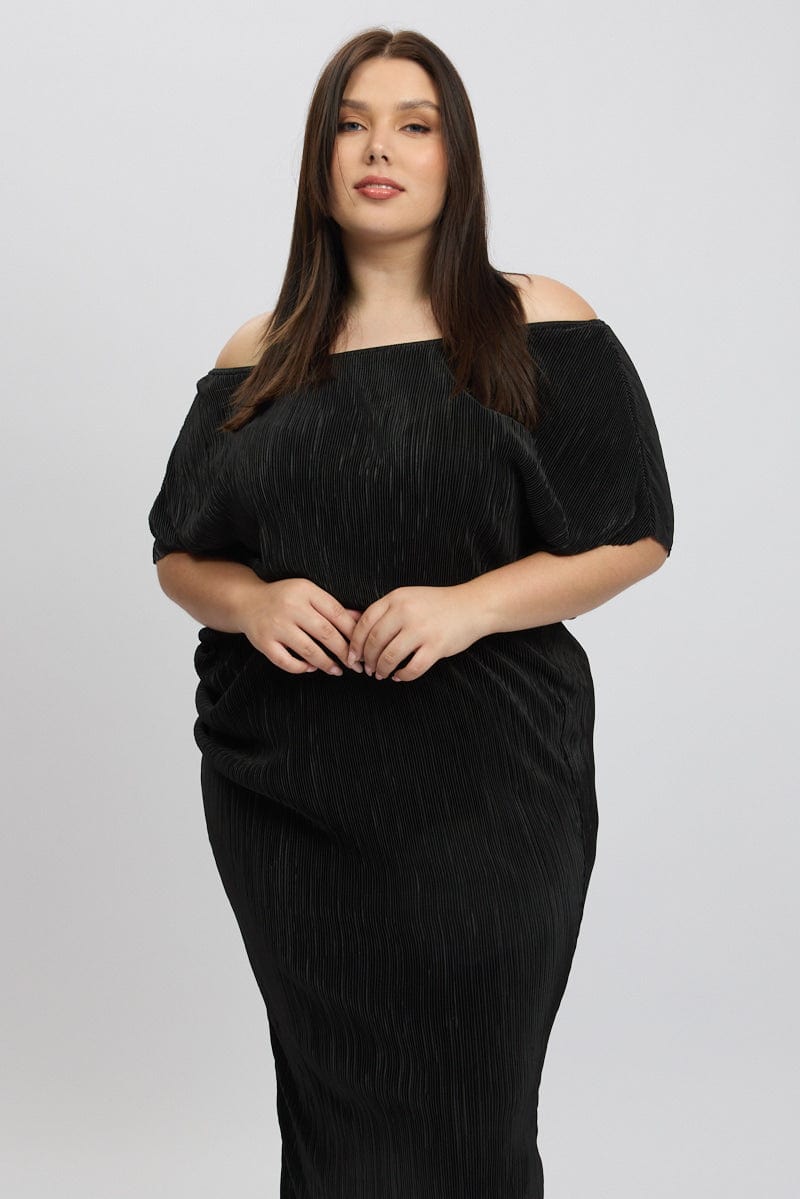 Black Asymmetric Plisse Midi Dress | You & All Black Asymmetric Plisse Midi Dress | You & All