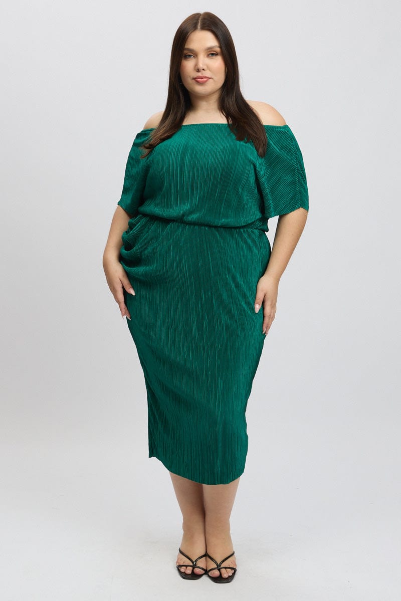 Green Asymmetric Plisse Midi Dress | You & All Green Asymmetric Plisse Midi Dress | You & All