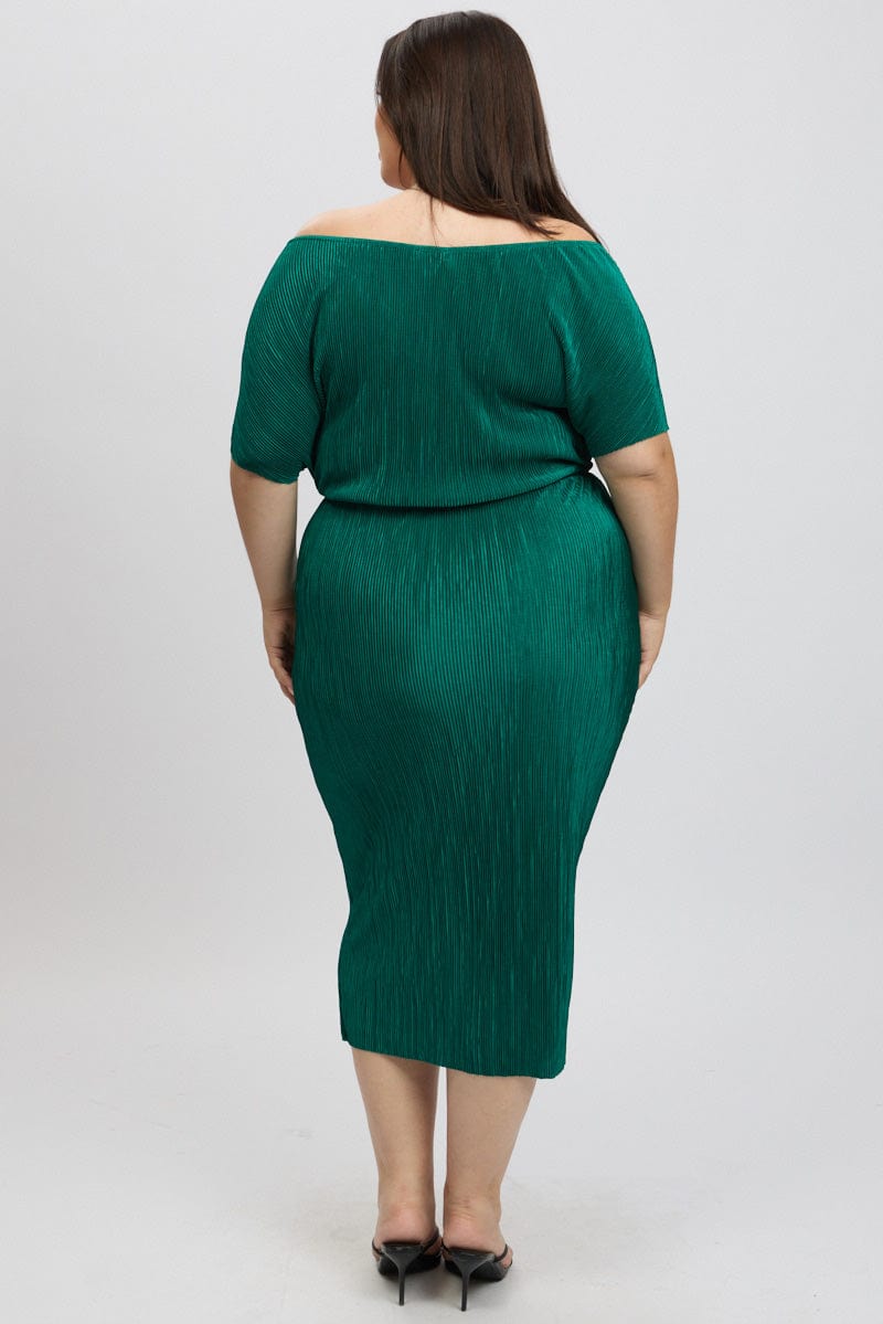 Green Asymmetric Plisse Midi Dress | You & All Green Asymmetric Plisse Midi Dress | You & All