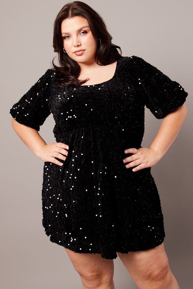 Black Velour Sequin Party Dress for YouandAll Fashion