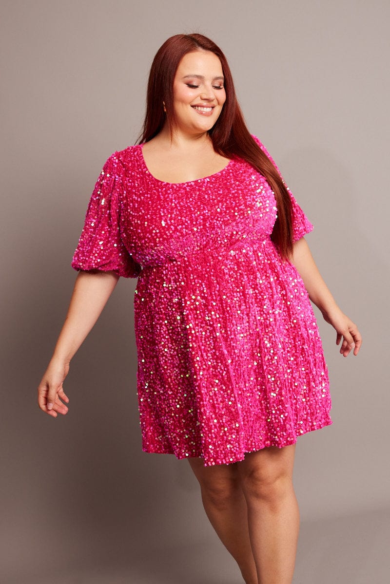 Pink Velour Sequin Party Dress for YouandAll Fashion