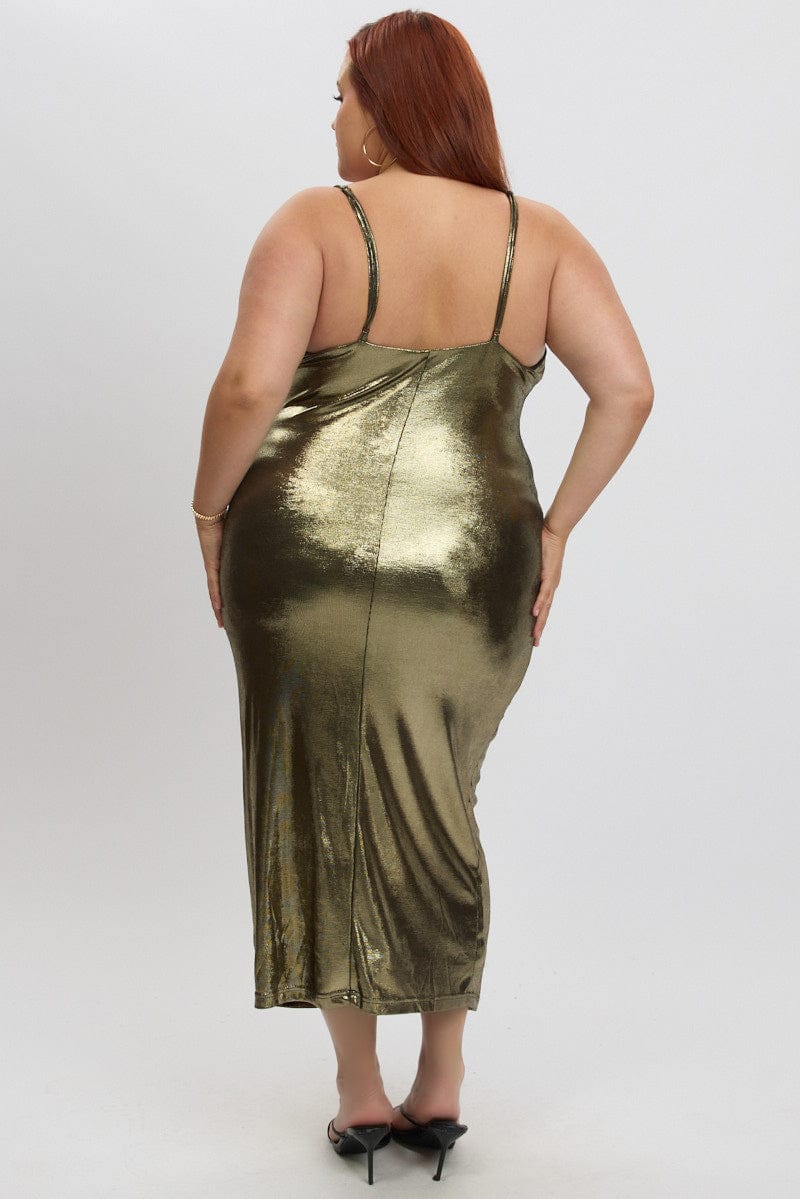 Gold Foiled Cowl Neck Bodycon Midi Dress for YouandAll Fashion