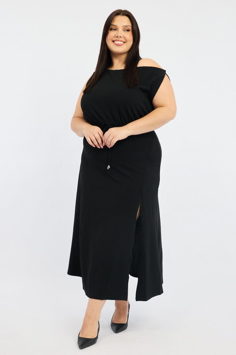Black Asymmetric Off Shoulder Tie Belt Jersey Dress for YouandAll Fashion