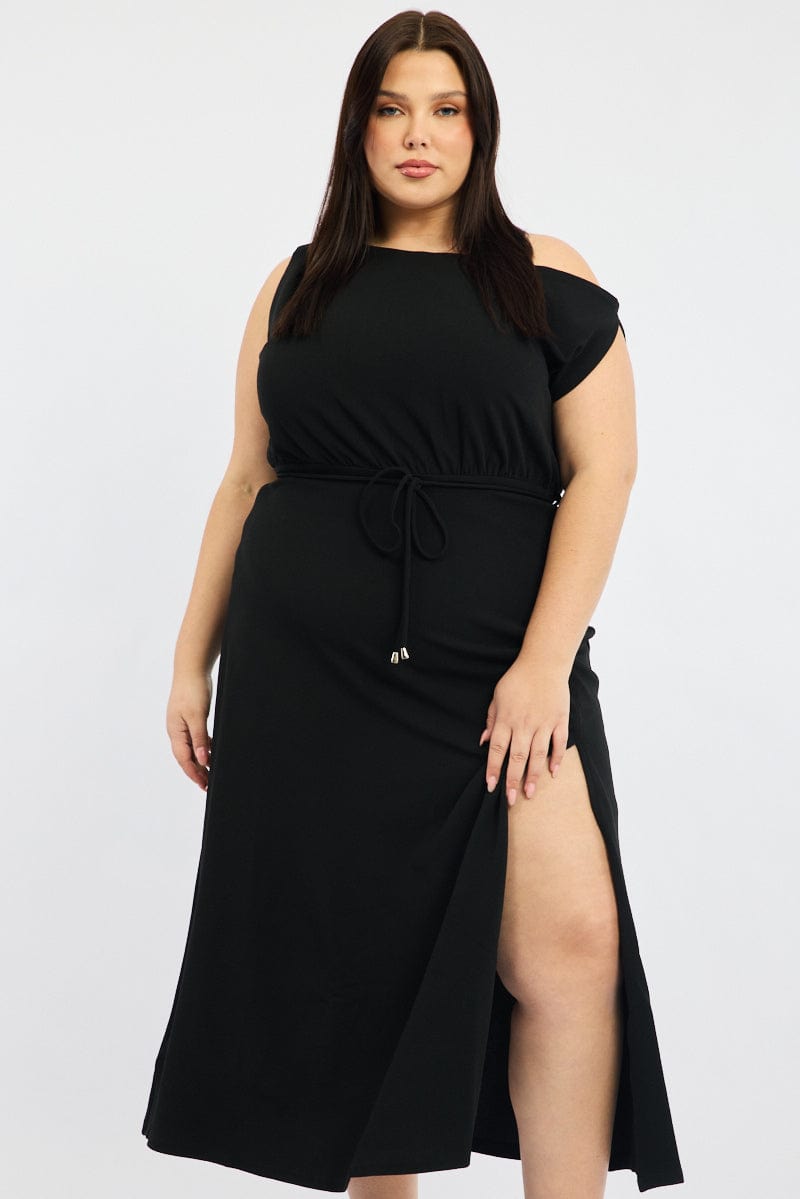 Black Asymmetric Off Shoulder Tie Belt Jersey Dress for YouandAll Fashion