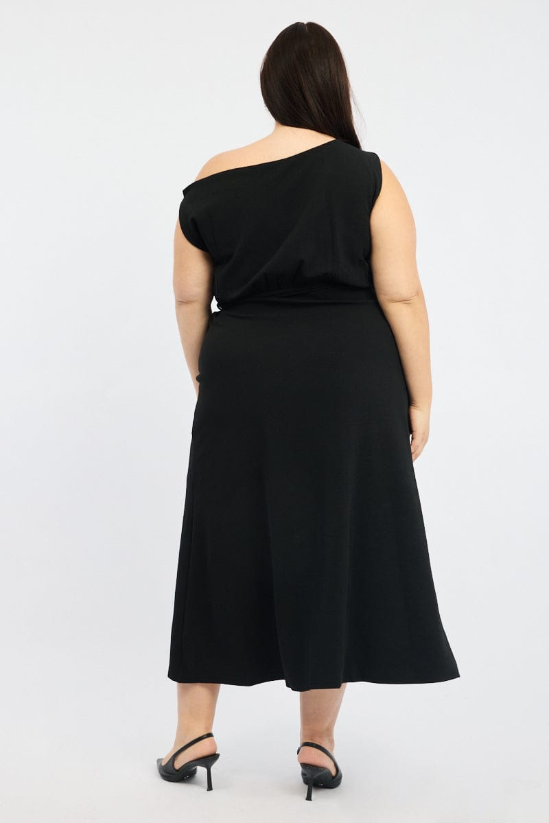 Black Asymmetric Off Shoulder Tie Belt Jersey Dress for YouandAll Fashion