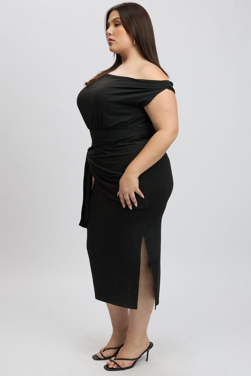 Black Tie Front Asymmetric Off Shoulder Dress