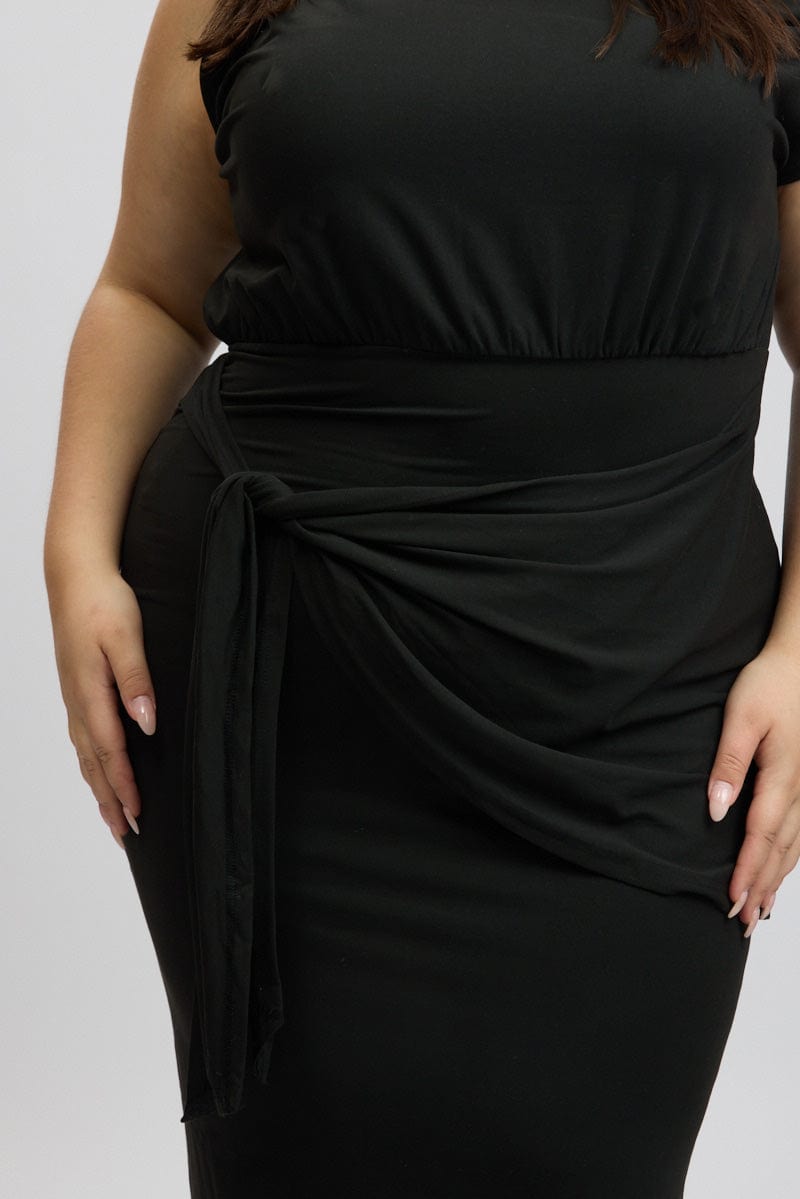 Black Tie Front Asymmetric Off Shoulder Dress