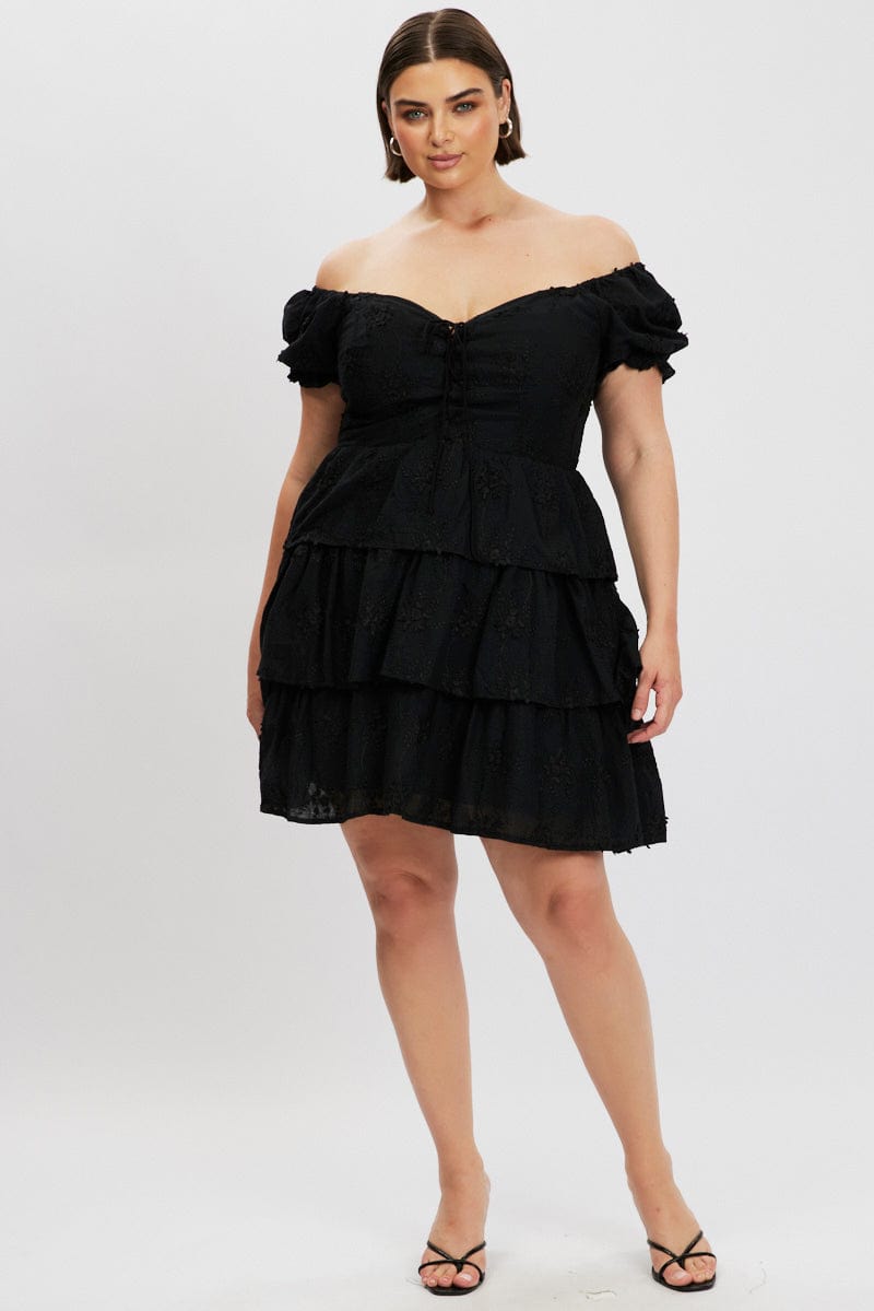 Black Lace Up Front Embossed Cotton Mini Dress