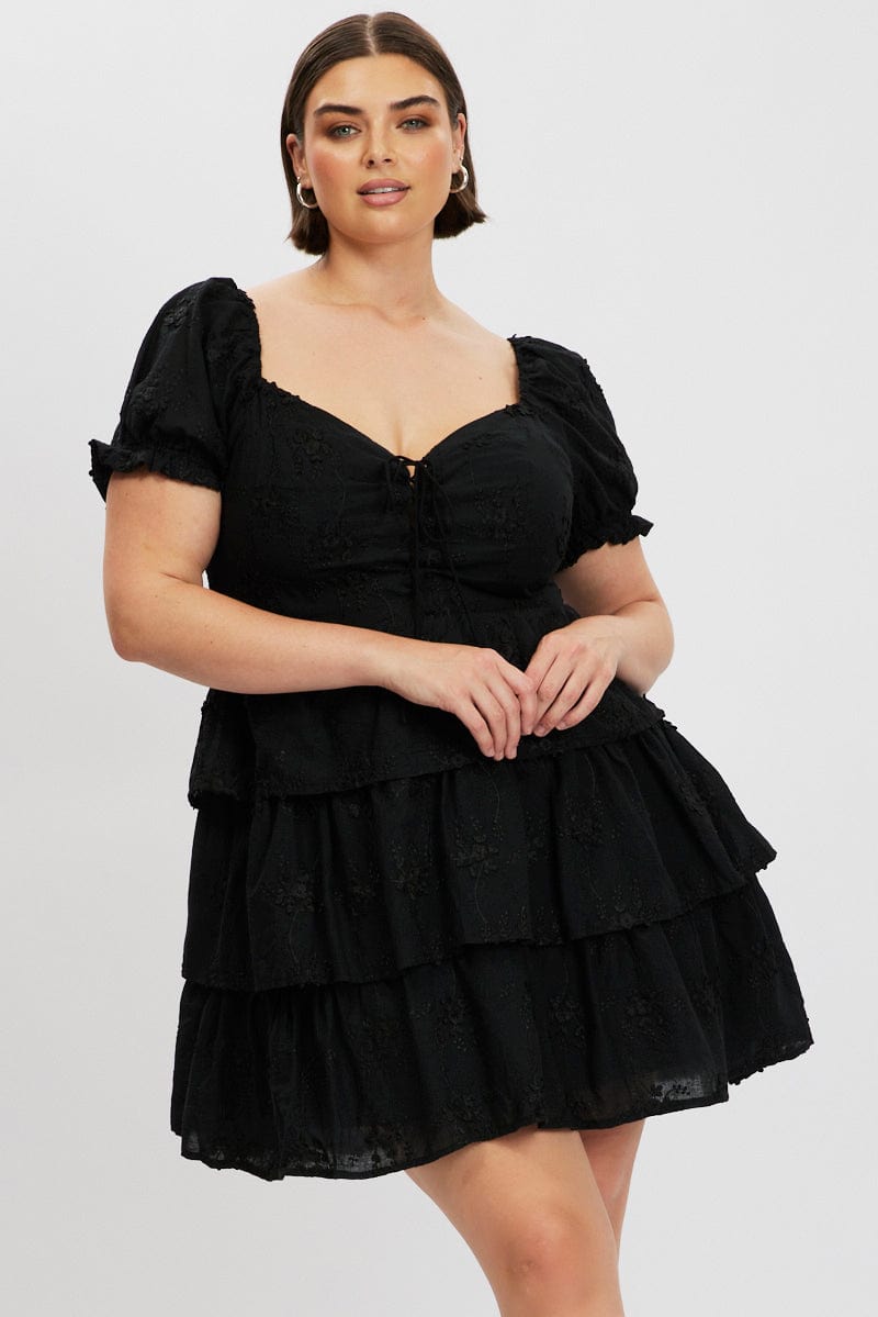 Black Lace Up Front Embossed Cotton Mini Dress | You & All Black Lace Up Front Embossed Cotton Mini Dress | You & All