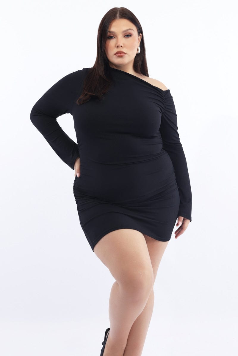 Black Asymmetric Long Sleeve Ruched Supersoft Mini Dress | You & All Black Asymmetric Long Sleeve Ruched Supersoft Mini Dress | You & All