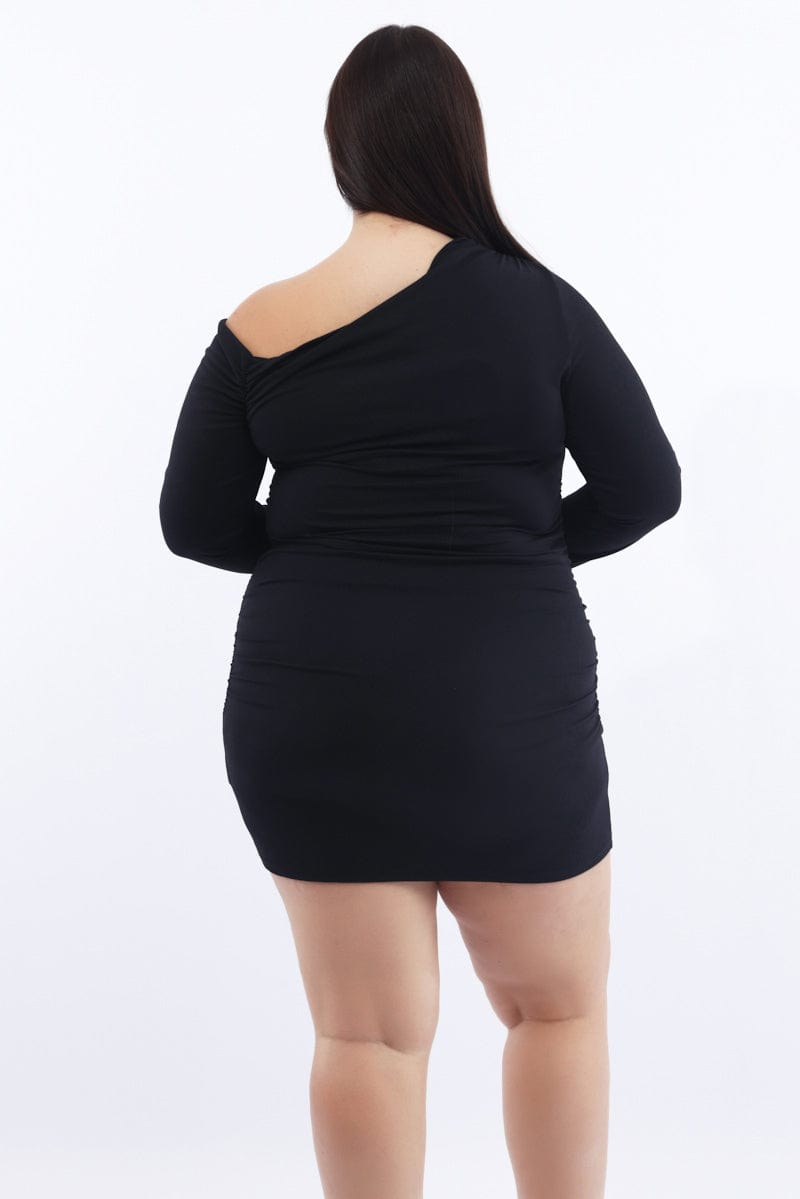 Black Asymmetric Long Sleeve Ruched Supersoft Mini Dress | You & All Black Asymmetric Long Sleeve Ruched Supersoft Mini Dress | You & All