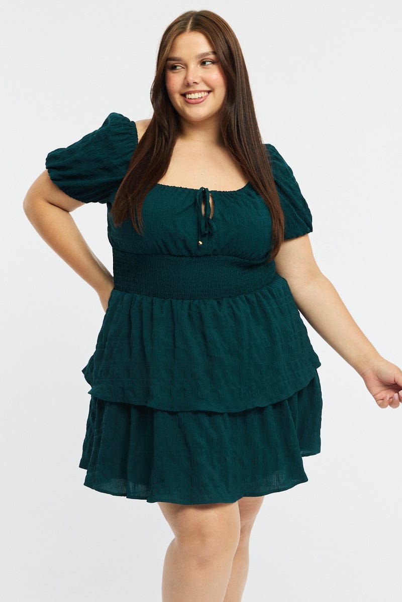Green Skater Dress Short Sleeve Shirred Waist Textures for YouandAll Fashion