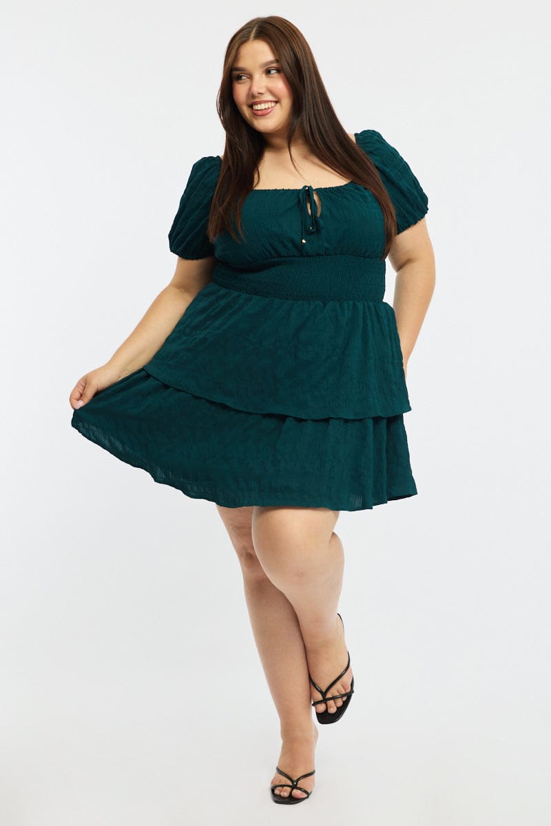 Green Skater Dress Short Sleeve Shirred Waist Textures for YouandAll Fashion