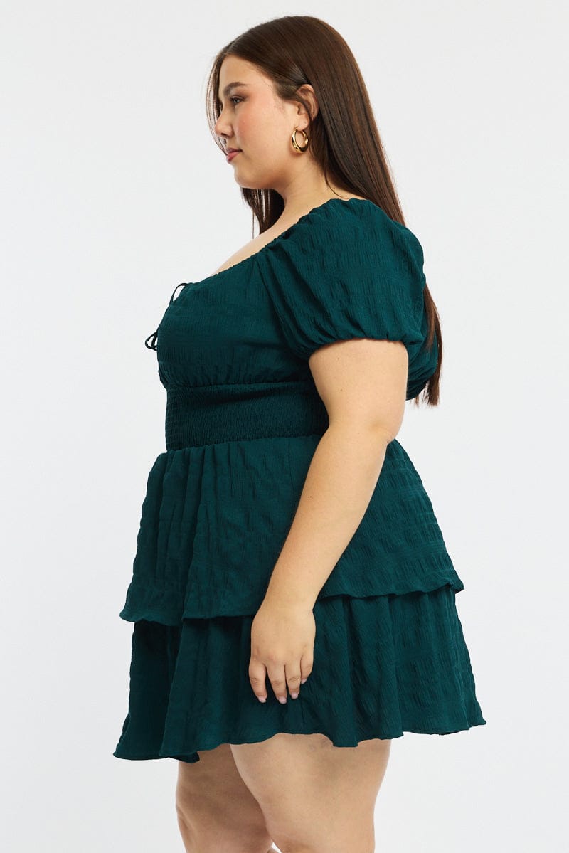 Green Skater Dress Short Sleeve Shirred Waist Textures for YouandAll Fashion