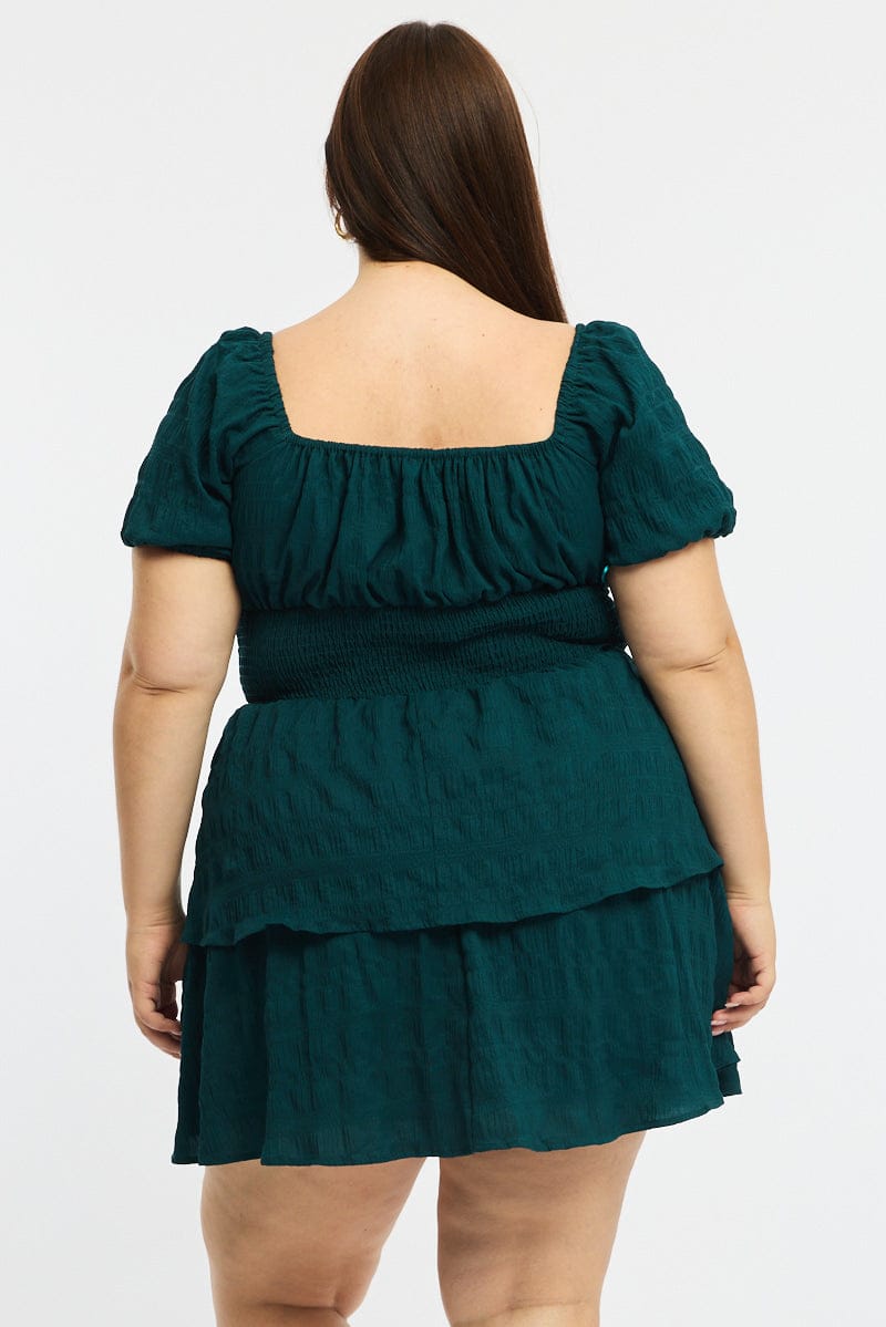 Green Skater Dress Short Sleeve Shirred Waist Textures | You & All Green Skater Dress Short Sleeve Shirred Waist Textures | You & All
