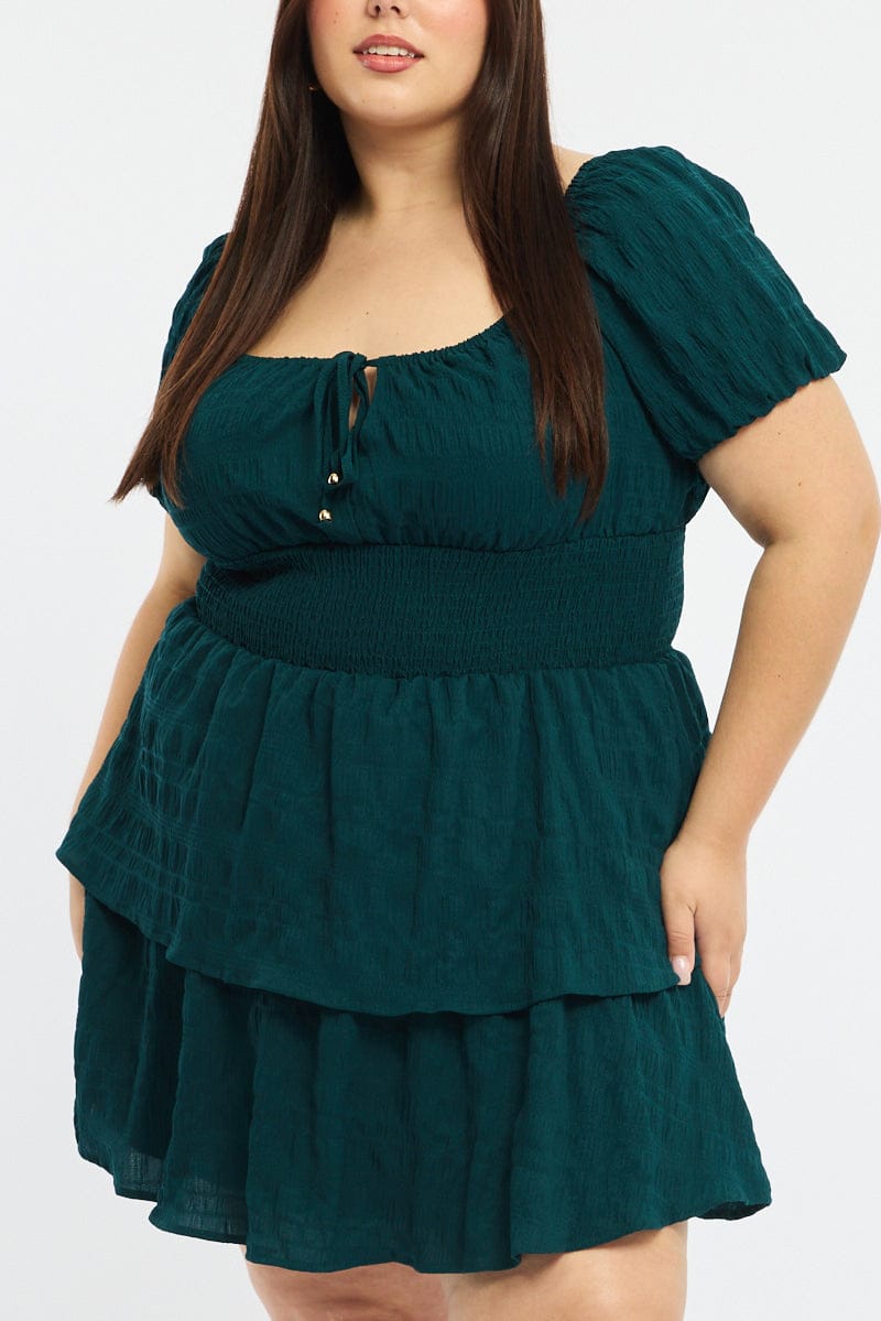 Green Skater Dress Short Sleeve Shirred Waist Textures for YouandAll Fashion