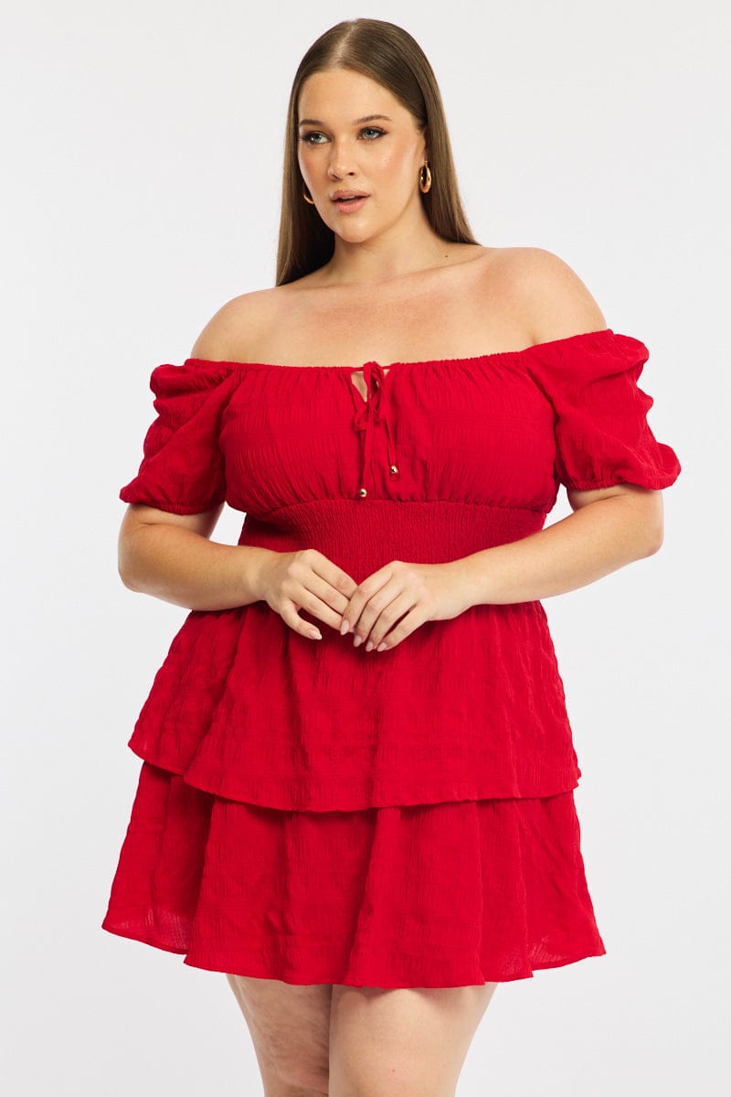Red Skater Dress Short Sleeve Shirred Waist Textures for YouandAll Fashion