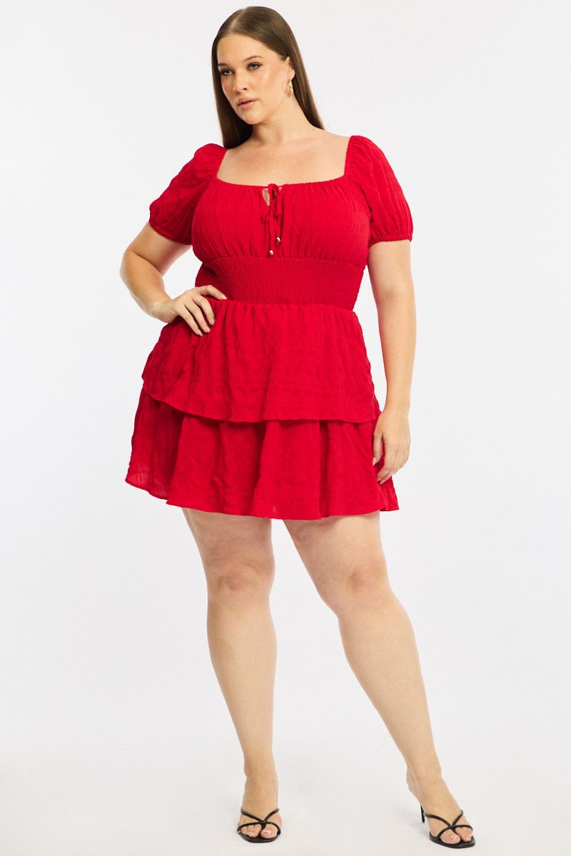 Red Skater Dress Short Sleeve Shirred Waist Textures for YouandAll Fashion