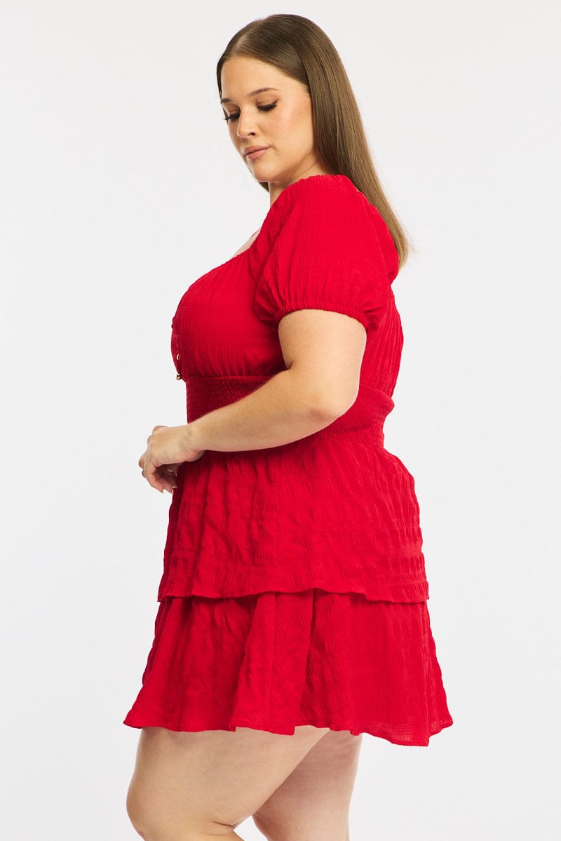 Red Skater Dress Short Sleeve Shirred Waist Textures for YouandAll Fashion