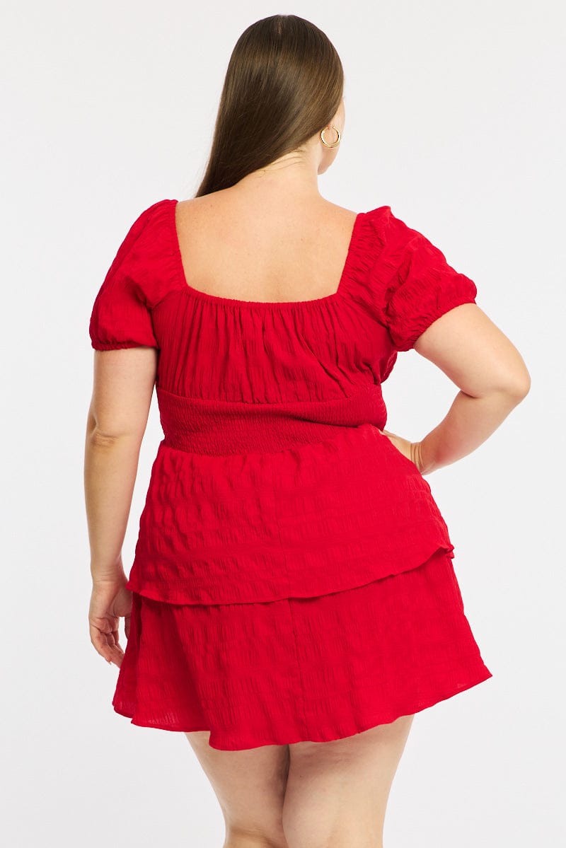 Red Skater Dress Short Sleeve Shirred Waist Textures for YouandAll Fashion