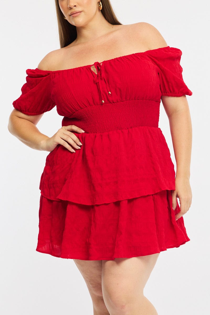 Red Skater Dress Short Sleeve Shirred Waist Textures for YouandAll Fashion