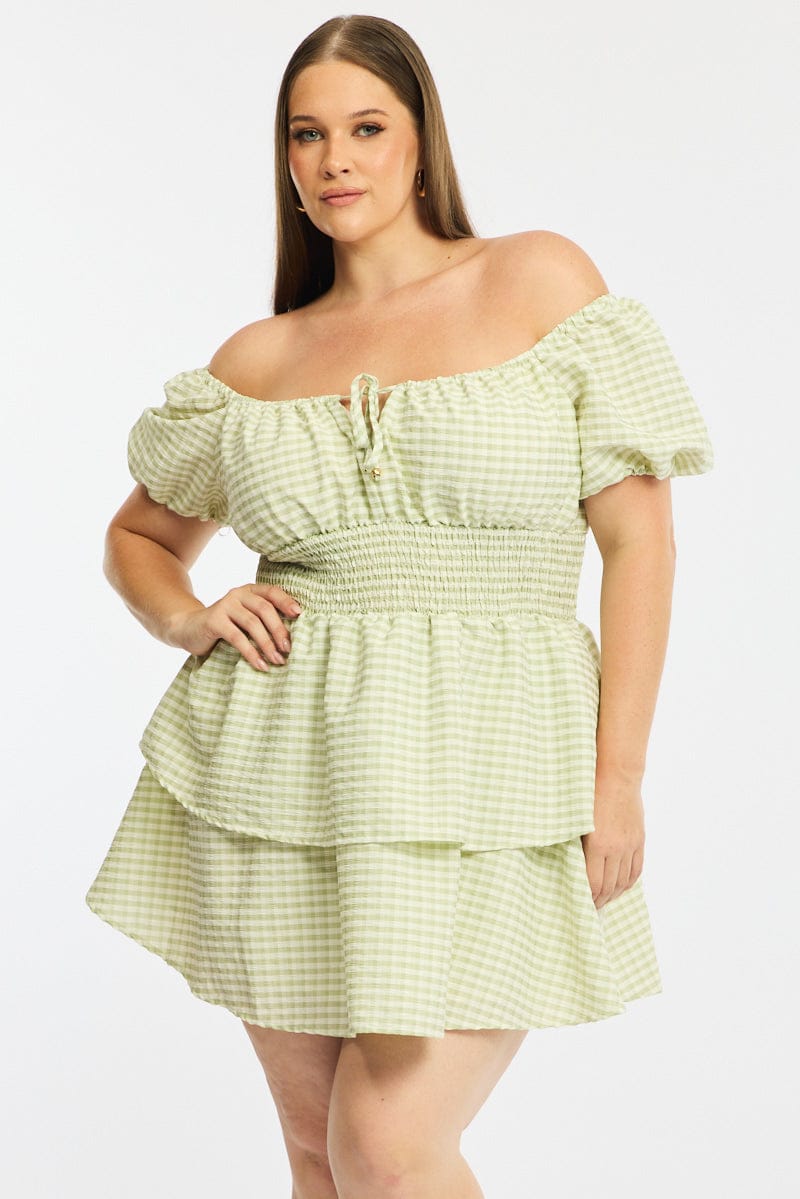 Green Check Skater Dress Short Sleeve Shirred Waist Textured for YouandAll Fashion