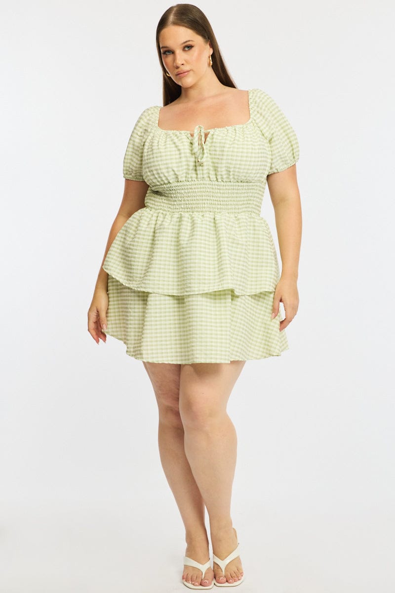 Green Check Skater Dress Short Sleeve Shirred Waist Textured for YouandAll Fashion