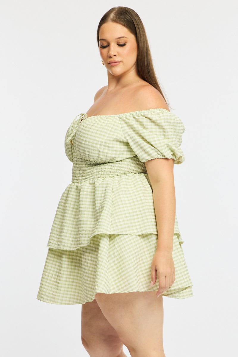 Green Check Skater Dress Short Sleeve Shirred Waist Textured for YouandAll Fashion
