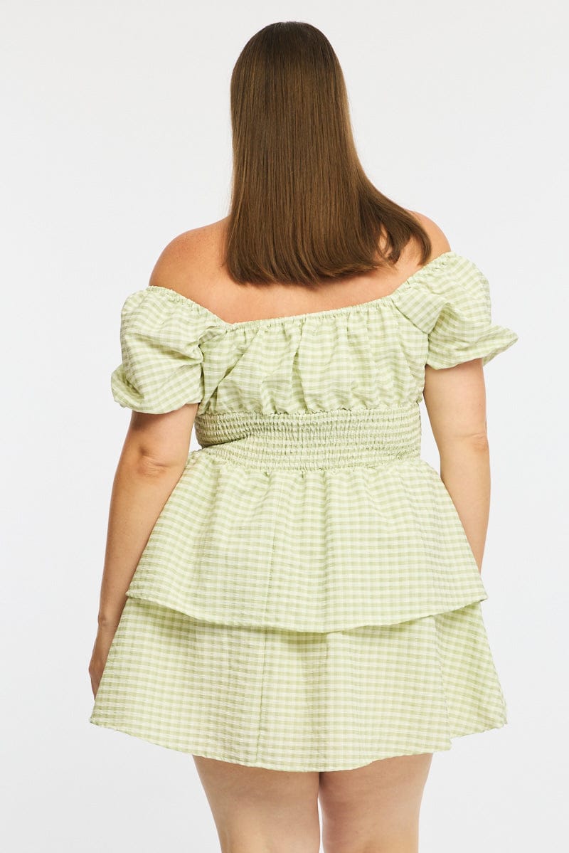 Green Check Skater Dress Short Sleeve Shirred Waist Textured for YouandAll Fashion
