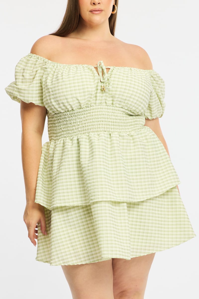 Green Check Skater Dress Short Sleeve Shirred Waist Textured for YouandAll Fashion