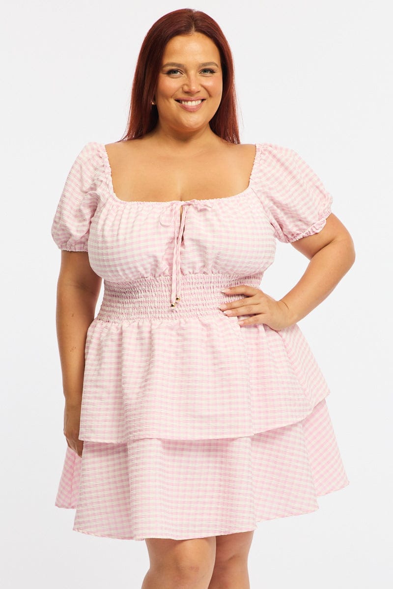 Pink Check Skater Dress Short Sleeve Shirred Waist Textured for YouandAll Fashion