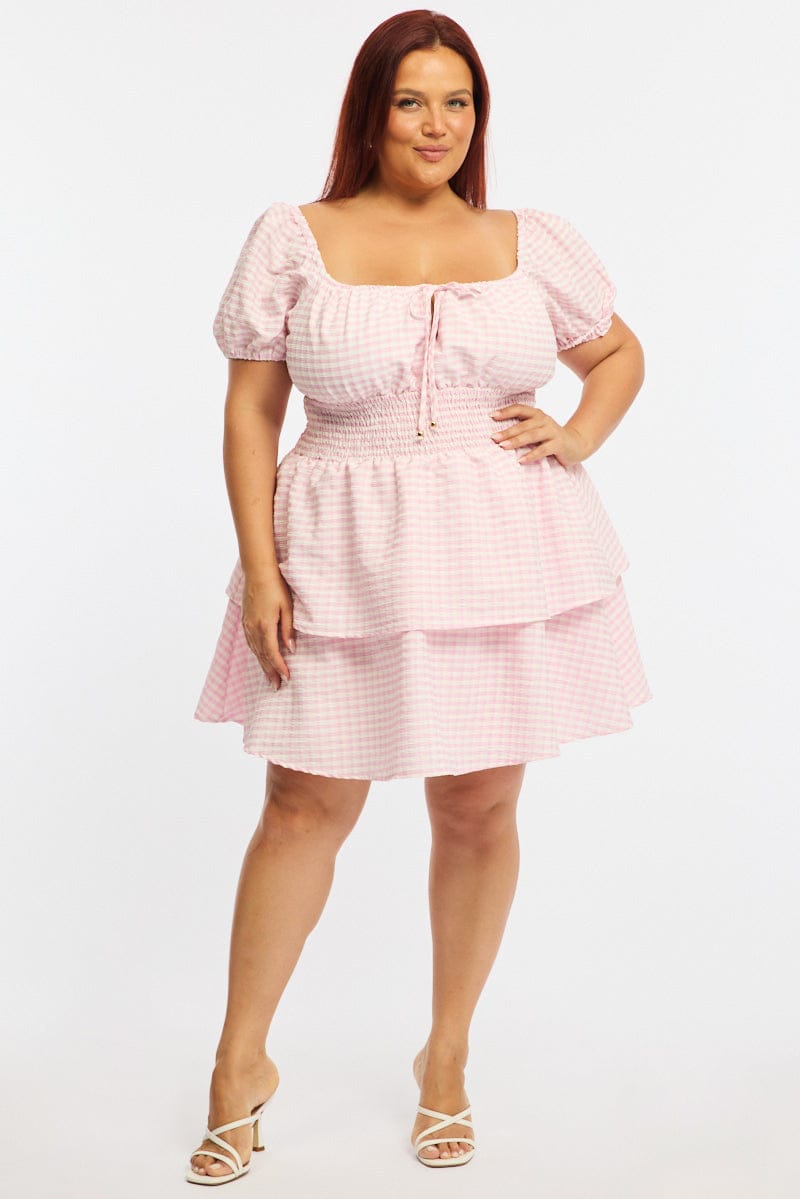 Pink Check Skater Dress Short Sleeve Shirred Waist Textured for YouandAll Fashion