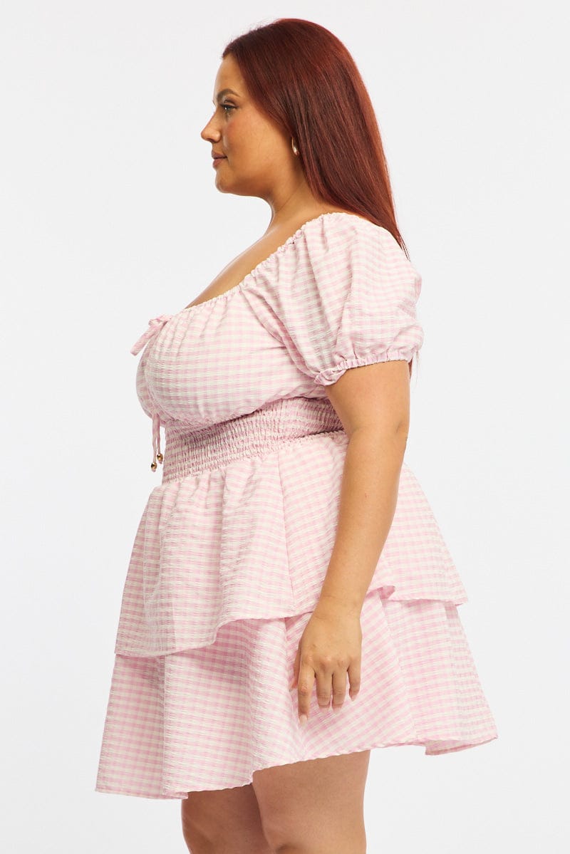 Pink Check Skater Dress Short Sleeve Shirred Waist Textured for YouandAll Fashion