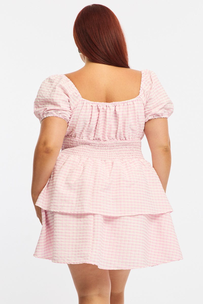 Pink Check Skater Dress Short Sleeve Shirred Waist Textured for YouandAll Fashion