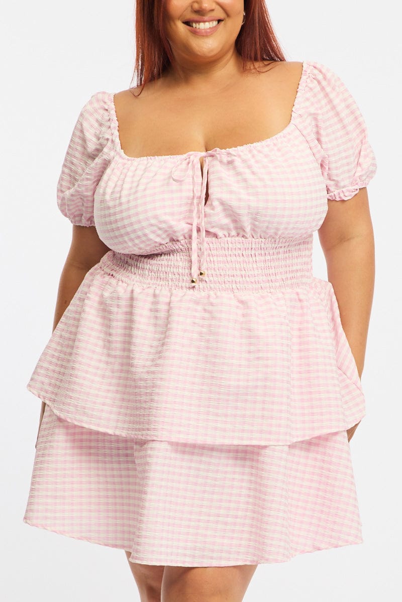 Pink Check Skater Dress Short Sleeve Shirred Waist Textured for YouandAll Fashion
