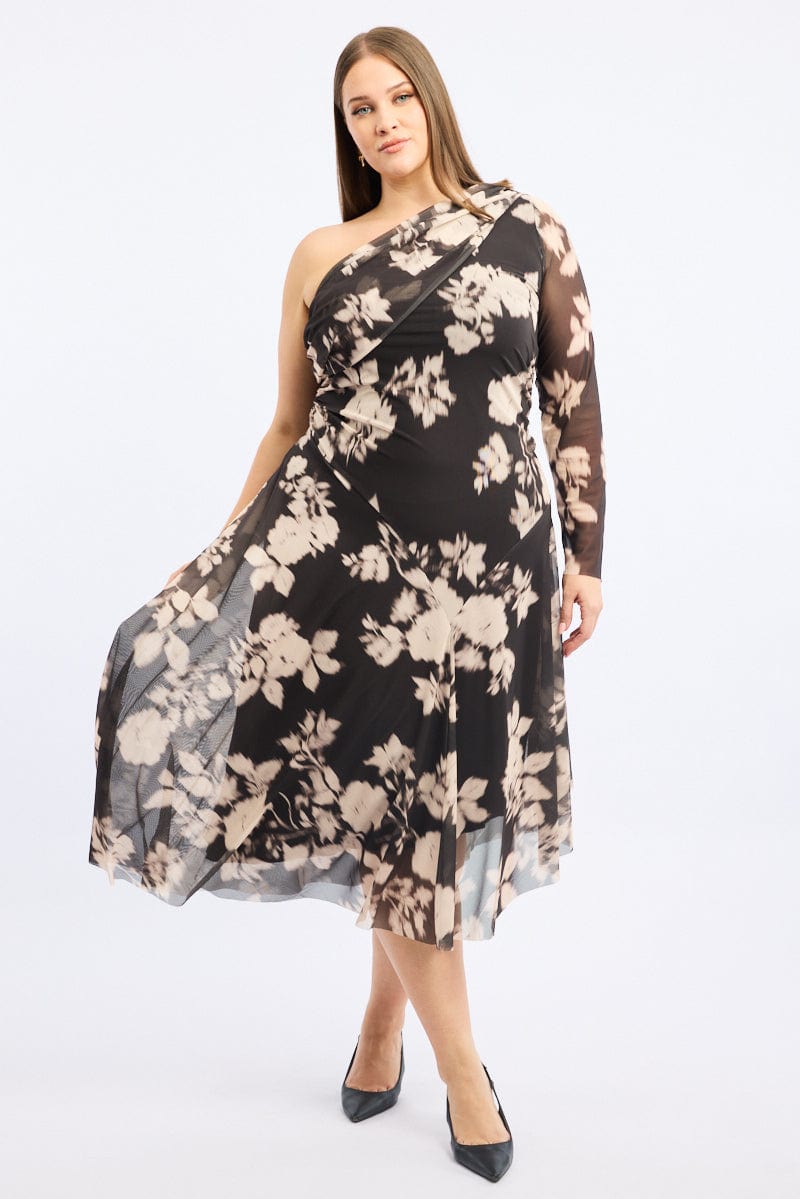 Black Floral Midi Dress One Shoulder Mesh