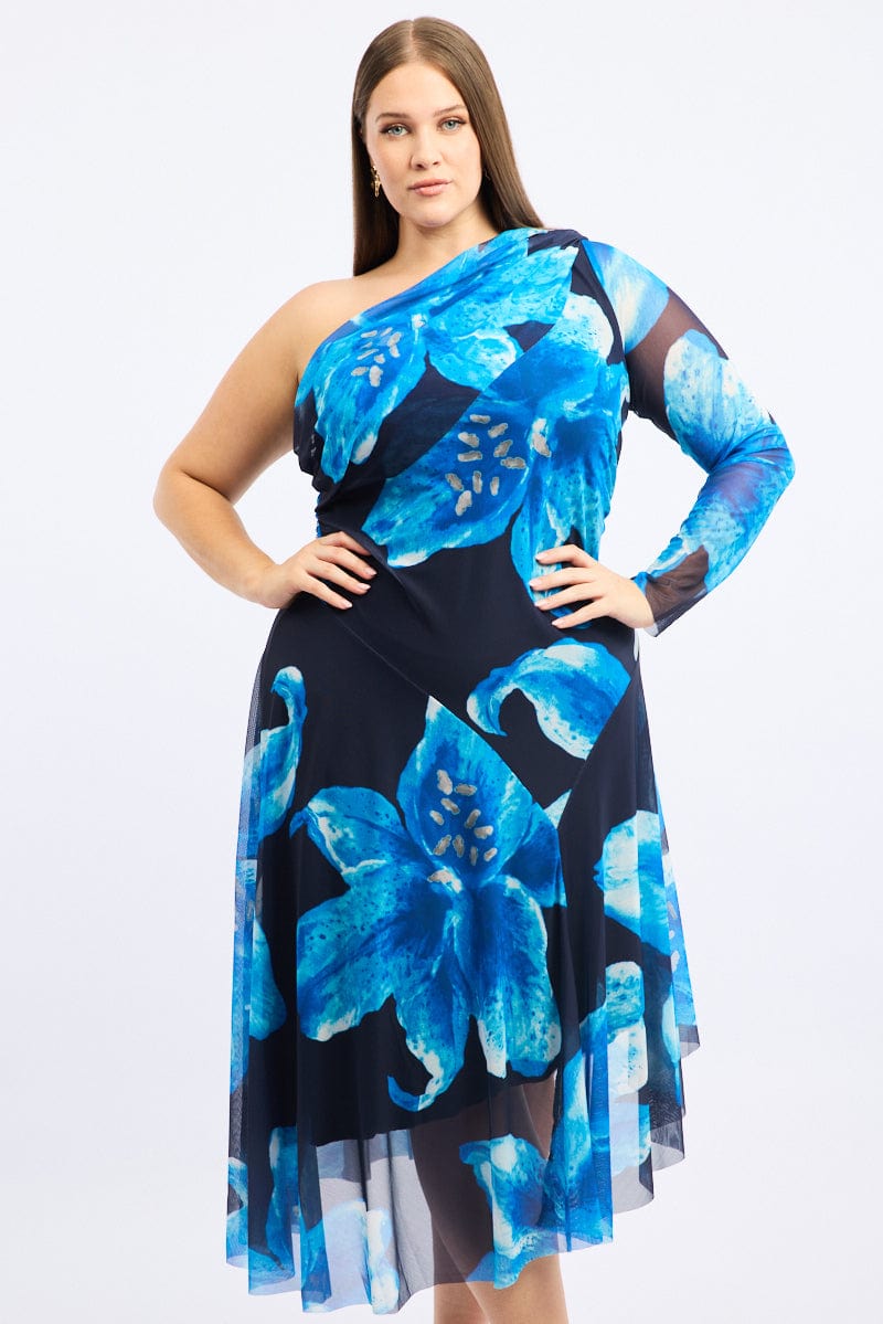 Blue Floral Midi Dress One Shoulder Mesh