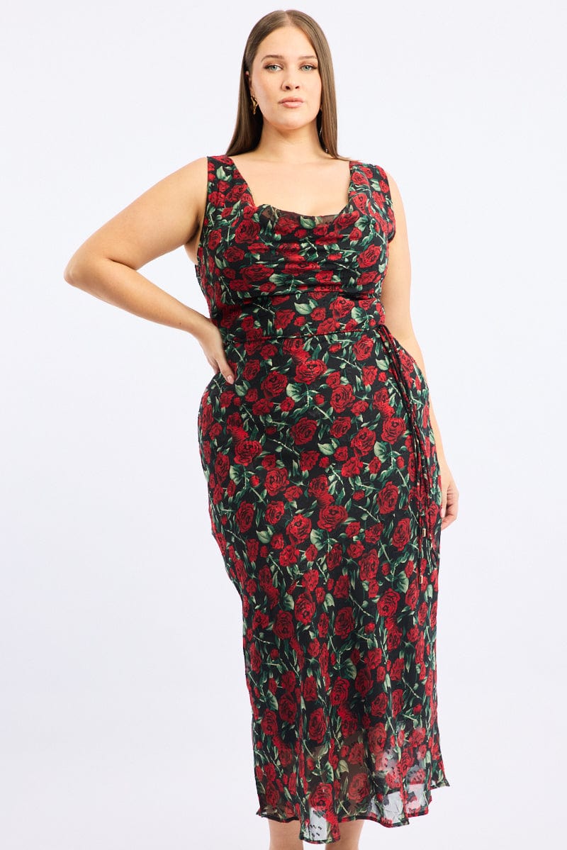 Red Floral Midi Dress Sleeveless Cowl Neck for YouandAll Fashion