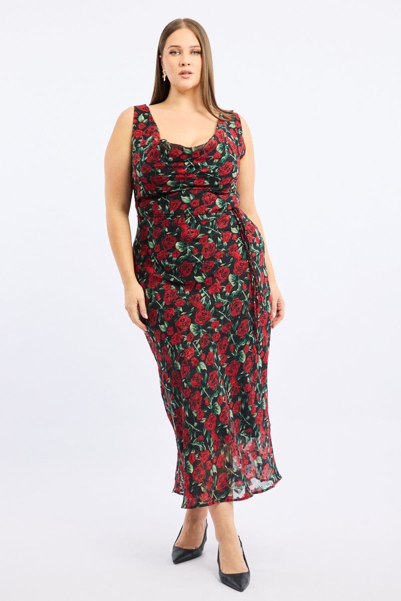 Red Floral Midi Dress Sleeveless Cowl Neck for YouandAll Fashion