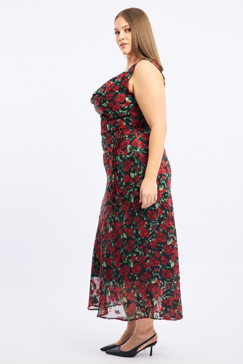 Red Floral Midi Dress Sleeveless Cowl Neck for YouandAll Fashion