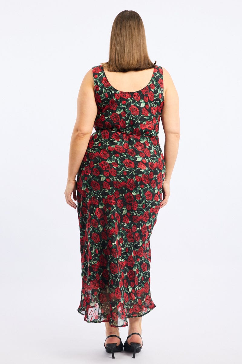 Red Floral Midi Dress Sleeveless Cowl Neck for YouandAll Fashion