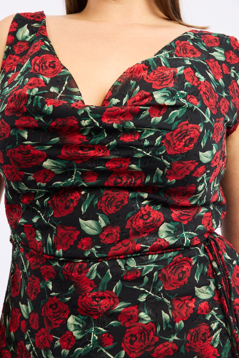 Red Floral Midi Dress Sleeveless Cowl Neck for YouandAll Fashion
