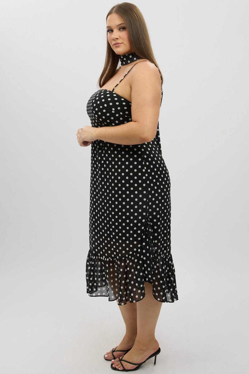 Black Polka Dot Midi Dress Sleeveless Ruffle with Scarf | You & All Black Polka Dot Midi Dress Sleeveless Ruffle with Scarf | You & All
