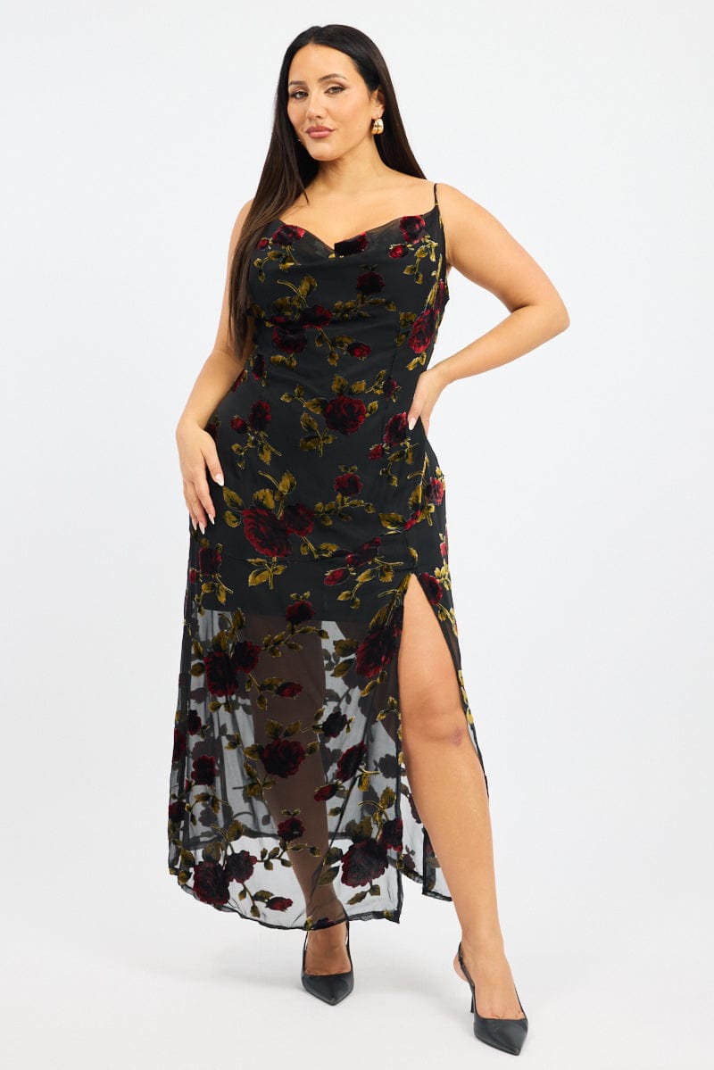 Red Floral Maxi Dress Sleeveless Cowl Neck for YouandAll Fashion