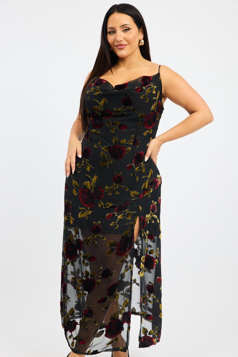 Red Floral Maxi Dress Sleeveless Cowl Neck for YouandAll Fashion