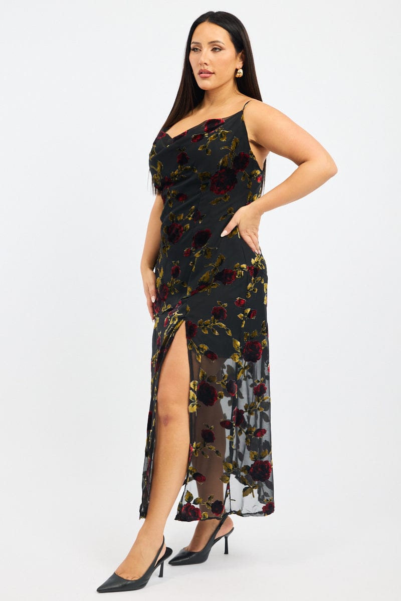 Red Floral Maxi Dress Sleeveless Cowl Neck for YouandAll Fashion