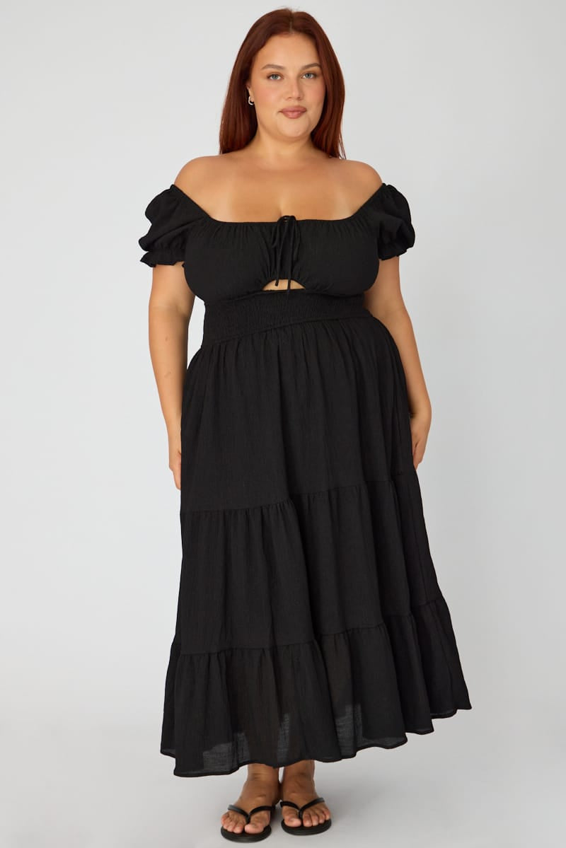 Black Midi Dress Short Sleeve Ruched Bust Cut Out for YouandAll Fashion